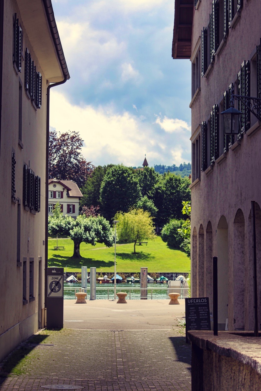 עיירה אירופאית ציורית על גדת נהר רחב תחת שמיים מעוננים | Picturesque European Town on the Bank of a Wide River under Cloudy Skies