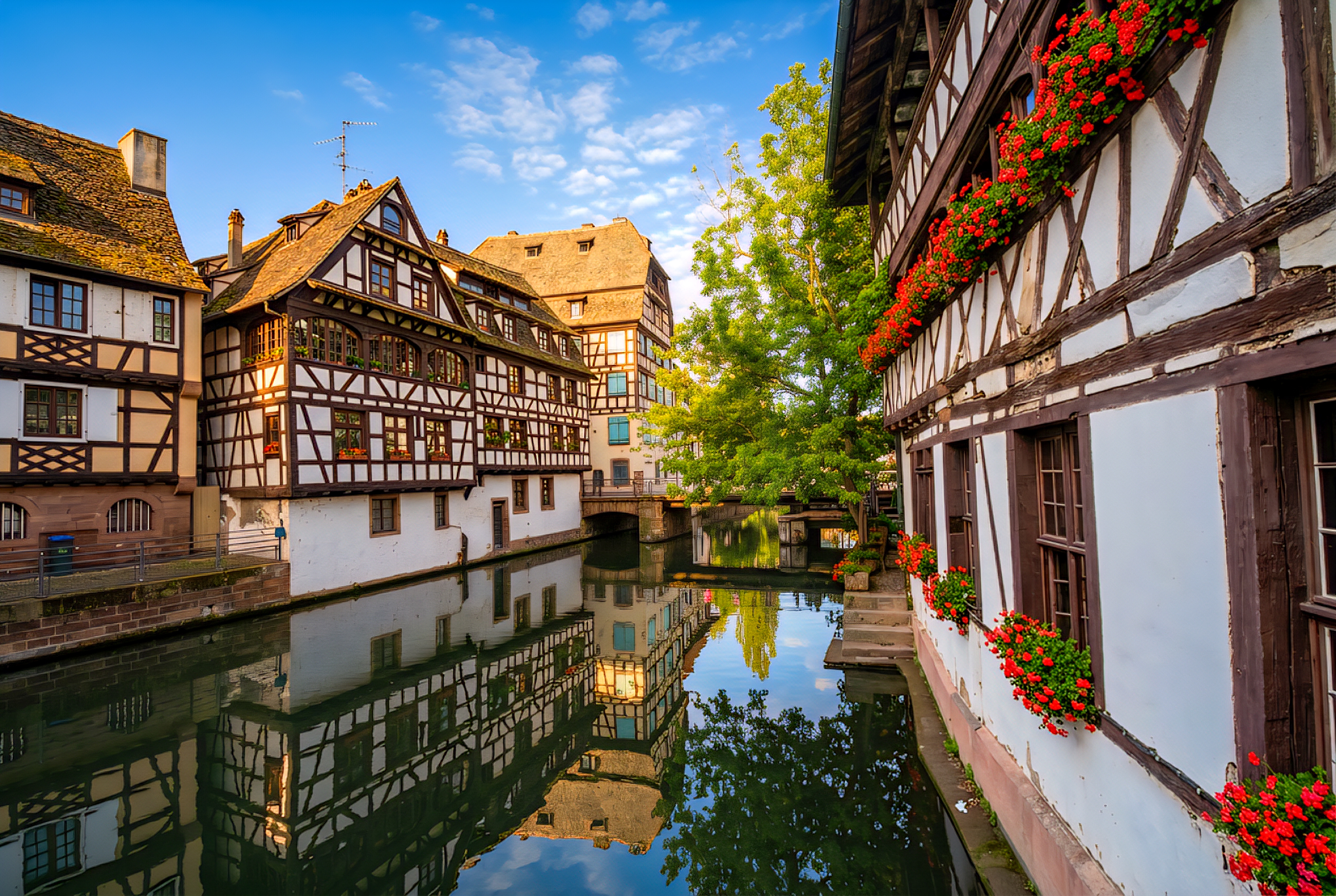 בתים מסורתיים ופרחים משתקפים בתעלת מים ציורית | Traditional Houses and Flowers Reflected in a Picturesque Water Canal